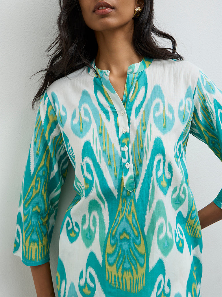 Utsa Aqua Printed A-Line Cotton Kurta
