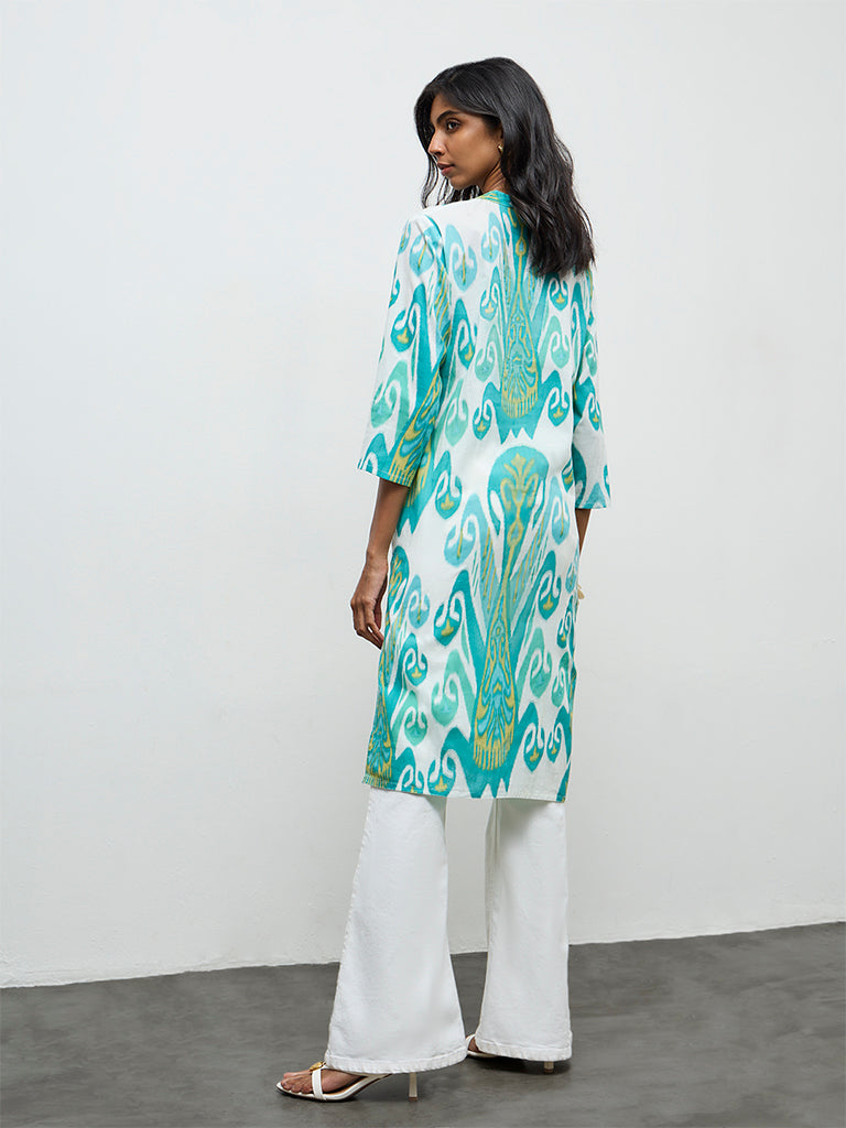 Utsa Aqua Printed A-Line Cotton Kurta