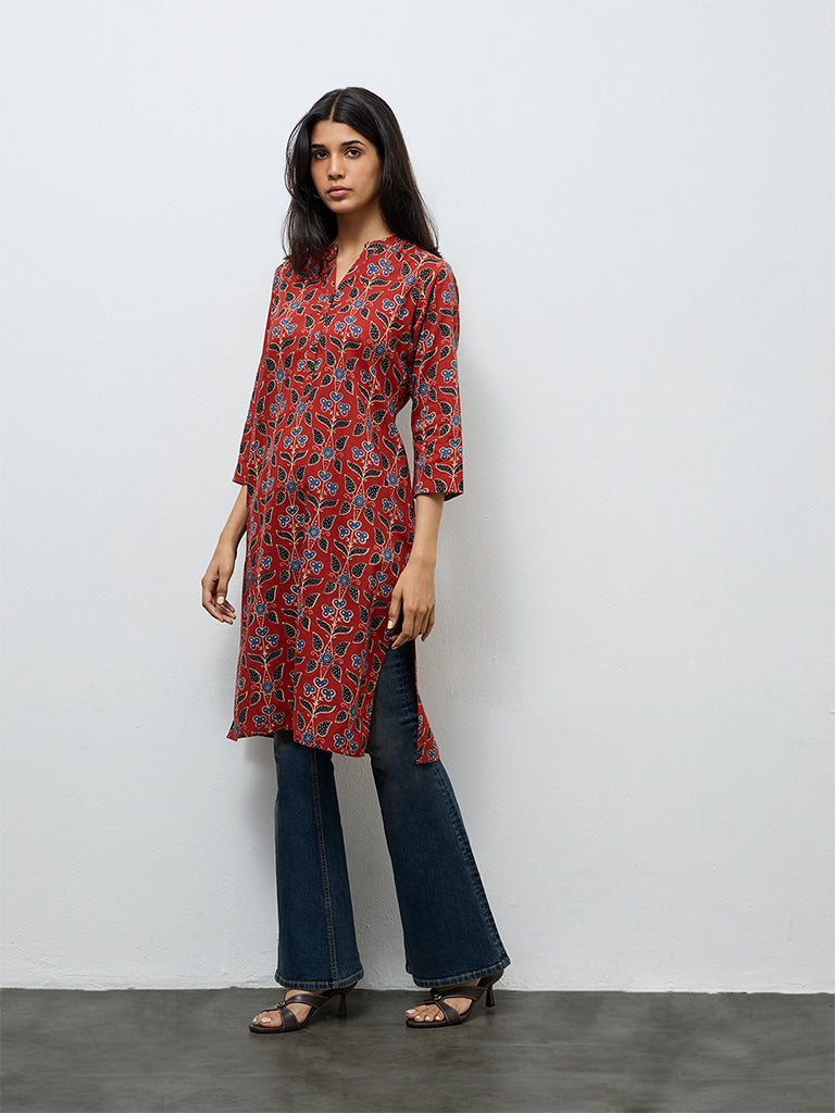 Utsa Maroon Printed Cotton Straight Kurta