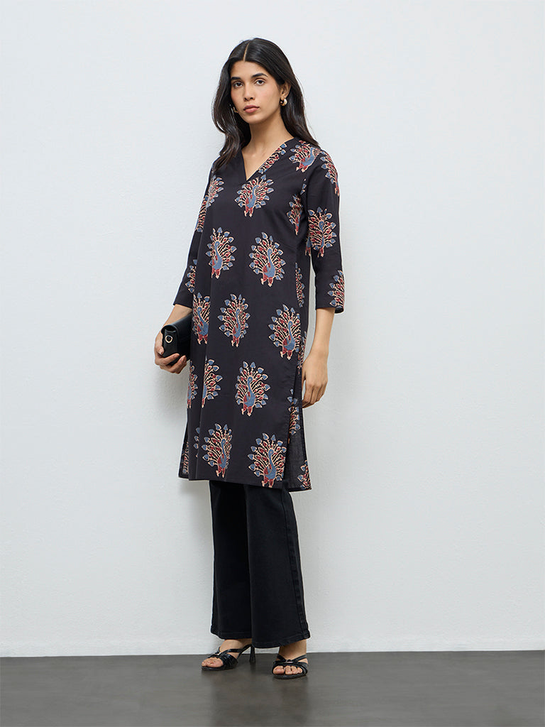 Utsa Black Peacock Design Straight Cotton Kurta