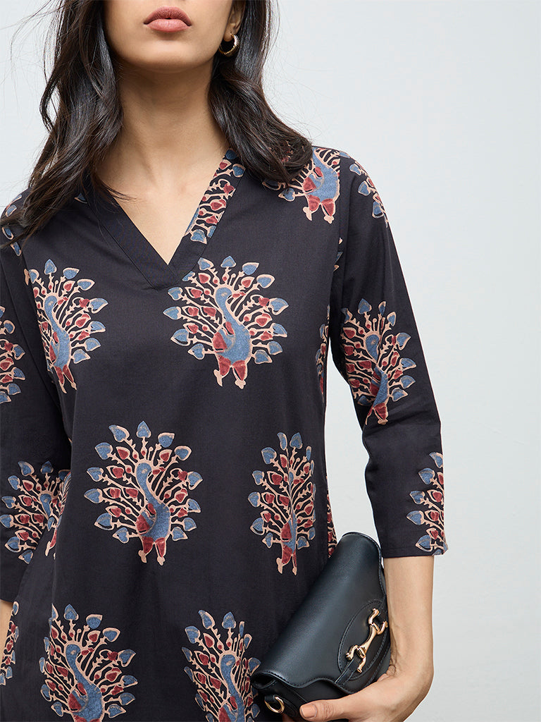 Utsa Black Peacock Design Straight Cotton Kurta