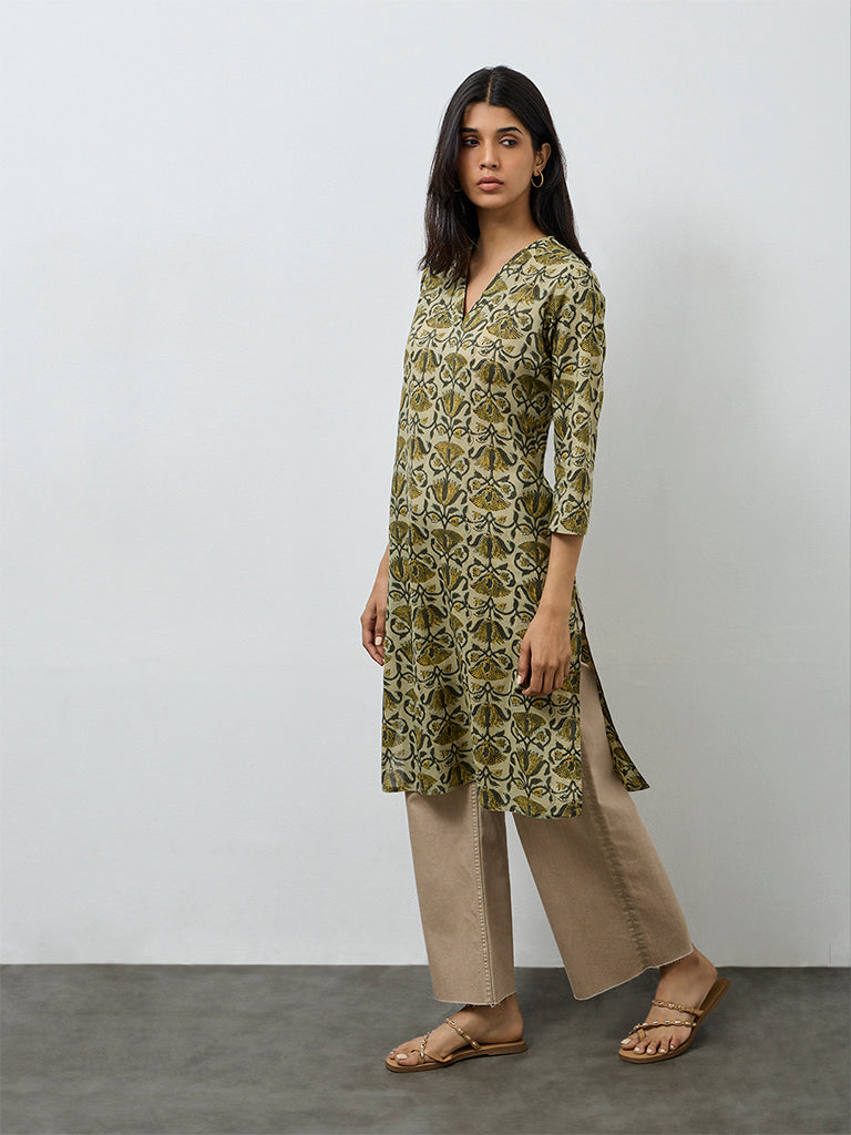 Utsa Green Floral Printed Cotton Straight Kurta