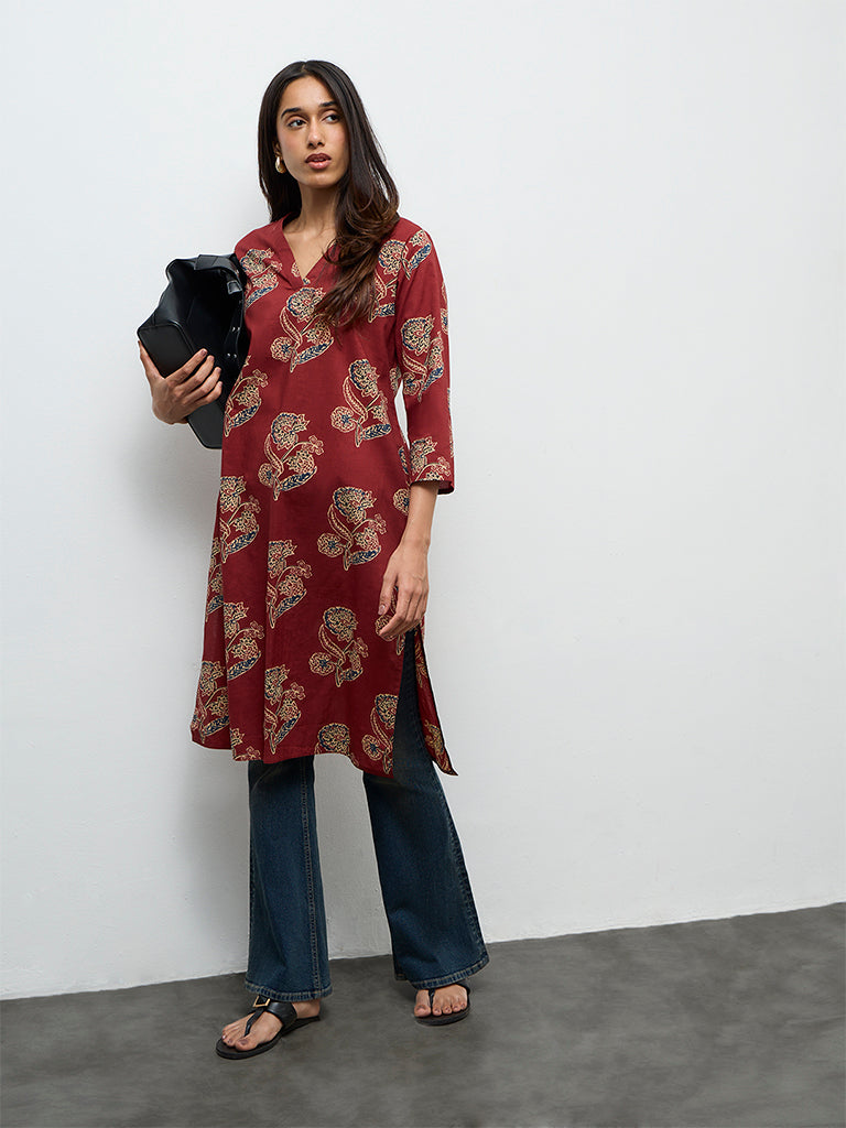 Utsa Maroon Butta Printed Cotton Straight Kurta