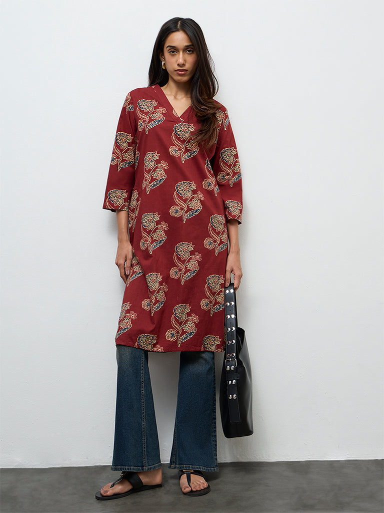 Utsa Maroon Butta Printed Cotton Straight Kurta