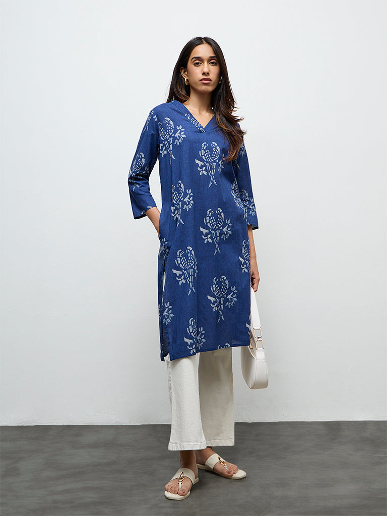 Utsa Indigo Bird Printed Cotton Straight Kurta