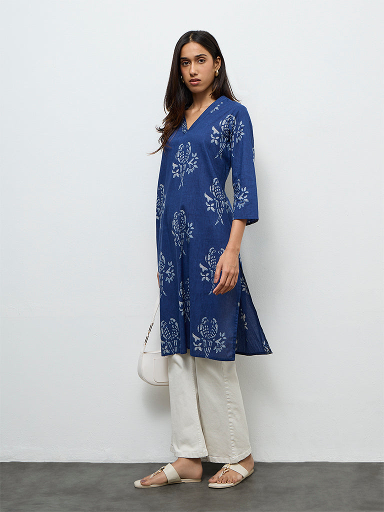Utsa Indigo Bird Printed Cotton Straight Kurta
