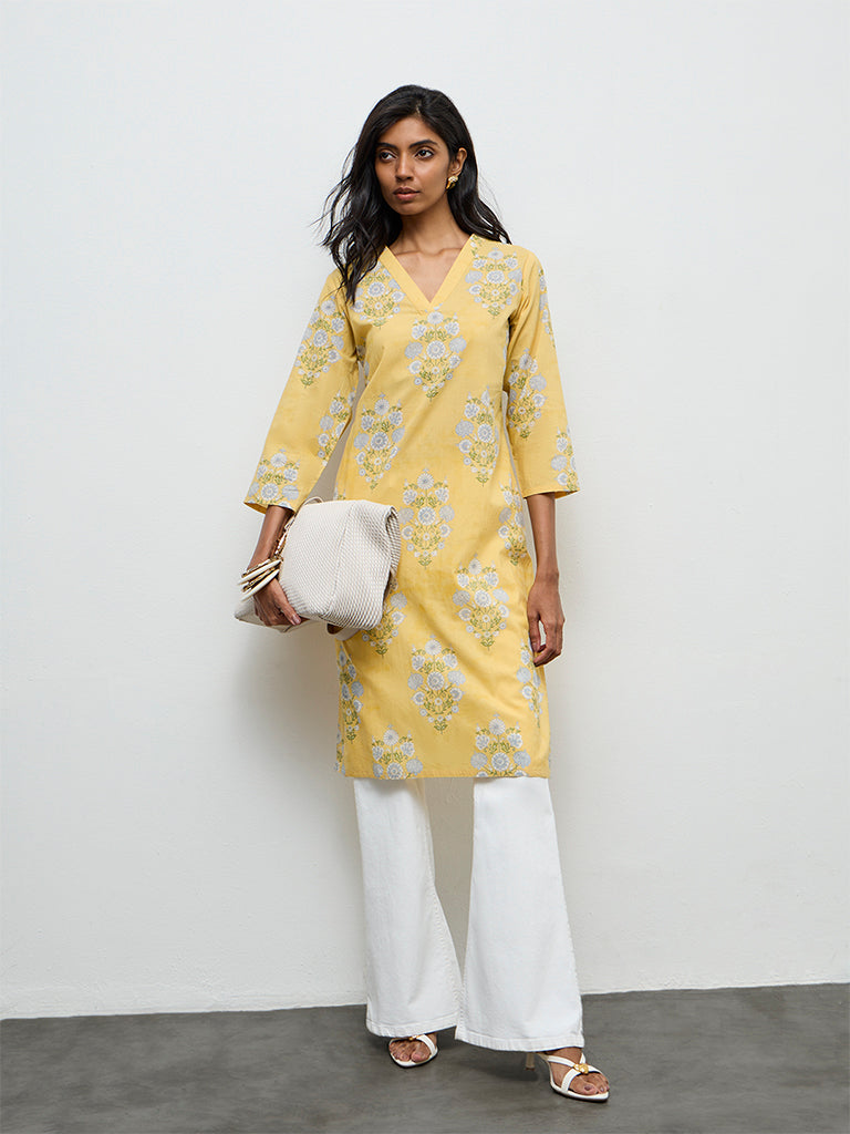 Utsa Yellow Floral Printed Straight Cotton Kurta