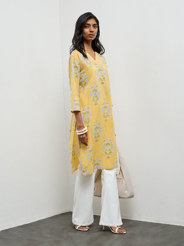 Utsa Yellow Floral Printed Straight Cotton Kurta