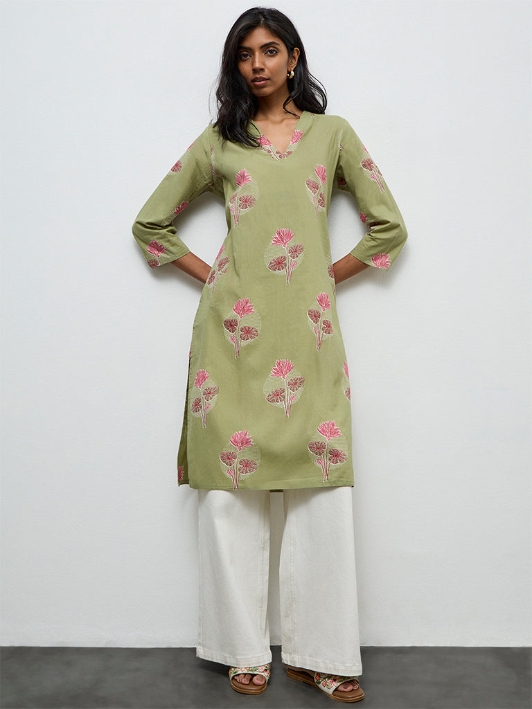 Utsa Dark Sage Floral Printed Straight Cotton Kurta