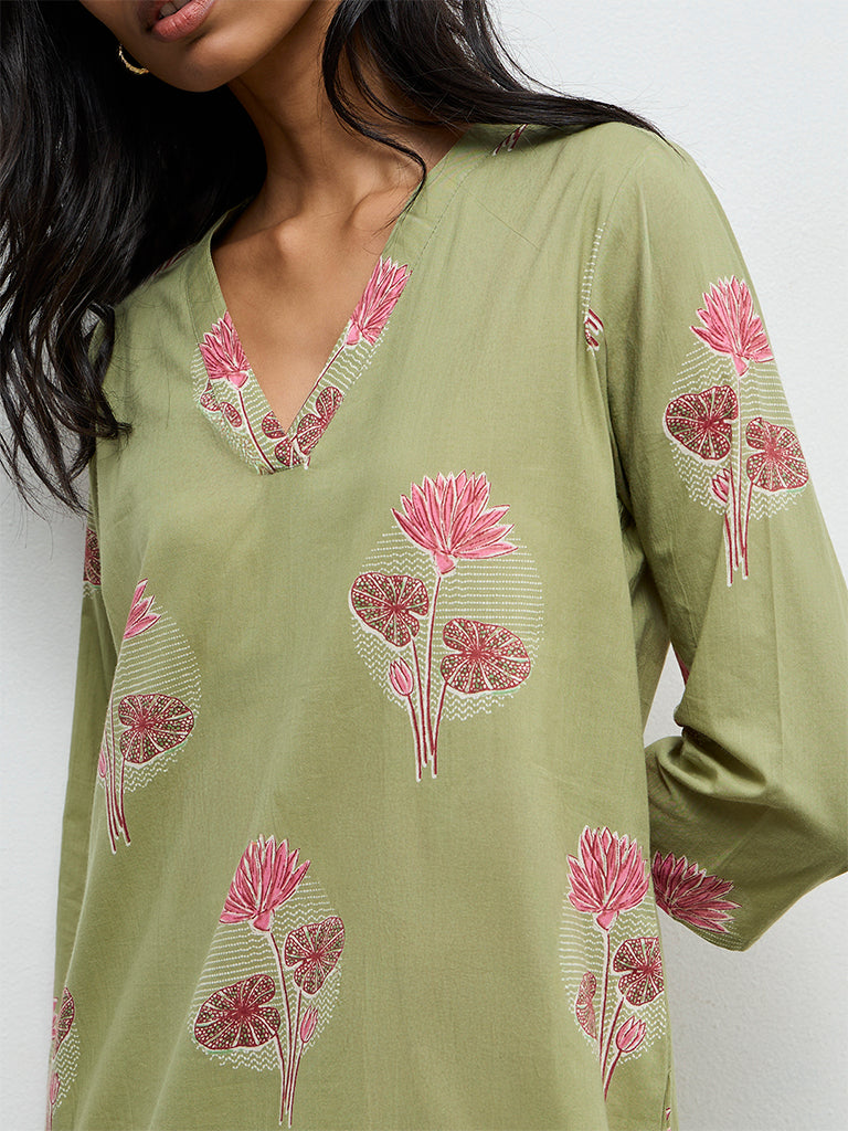 Utsa Dark Sage Floral Printed Straight Cotton Kurta