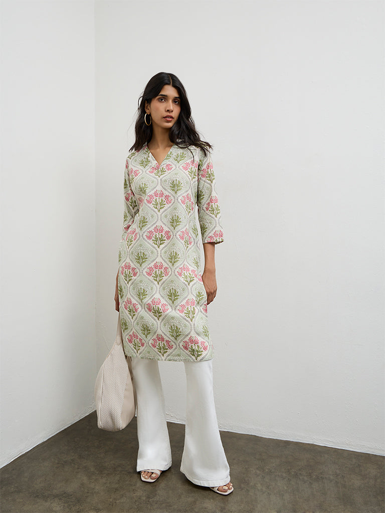 Utsa Green Floral Printed Cotton Straight Kurta