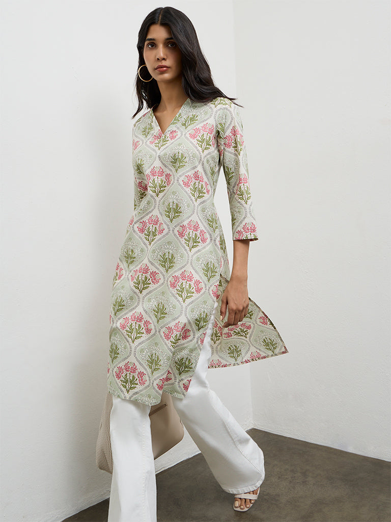 Utsa Green Floral Printed Cotton Straight Kurta