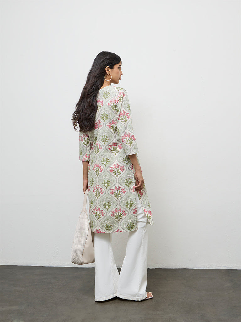 Utsa Green Floral Printed Cotton Straight Kurta