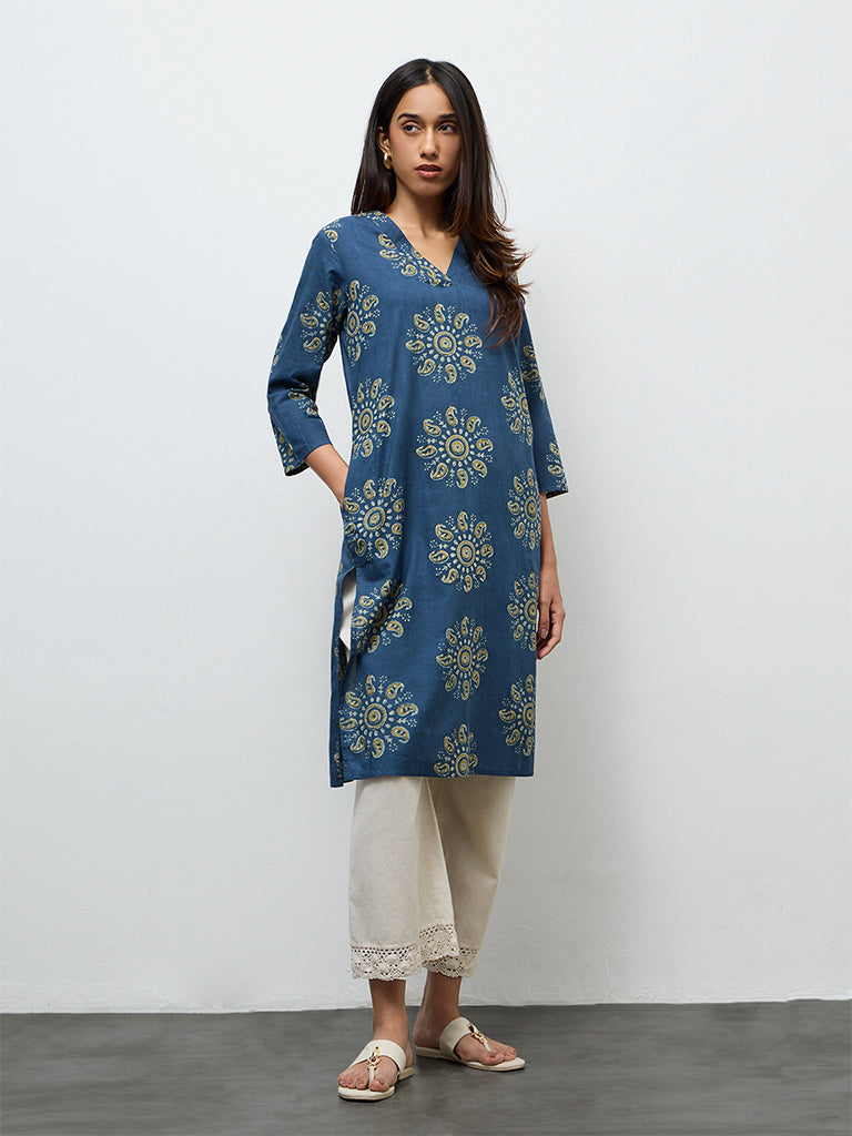 Utsa Indigo Mandala-Inspired Cotton Straight Kurta