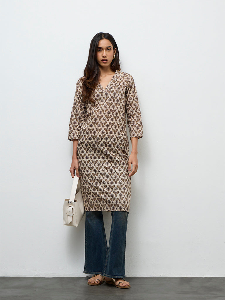 Utsa Taupe Botanical Butta Printed Cotton Straight Kurta
