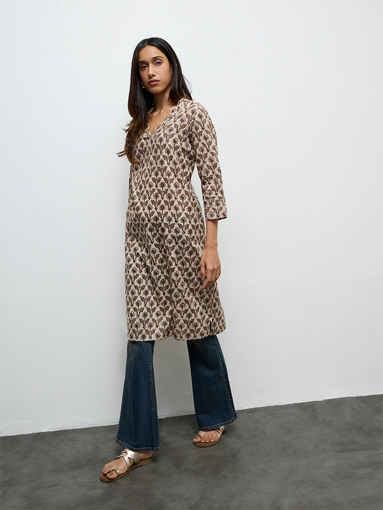 Utsa Taupe Botanical Butta Printed Cotton Straight Kurta