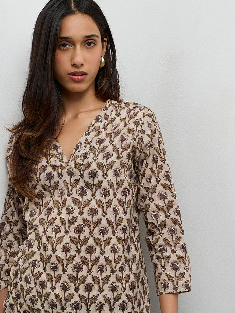 Utsa Taupe Botanical Butta Printed Cotton Straight Kurta