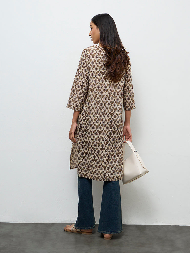 Utsa Taupe Botanical Butta Printed Cotton Straight Kurta