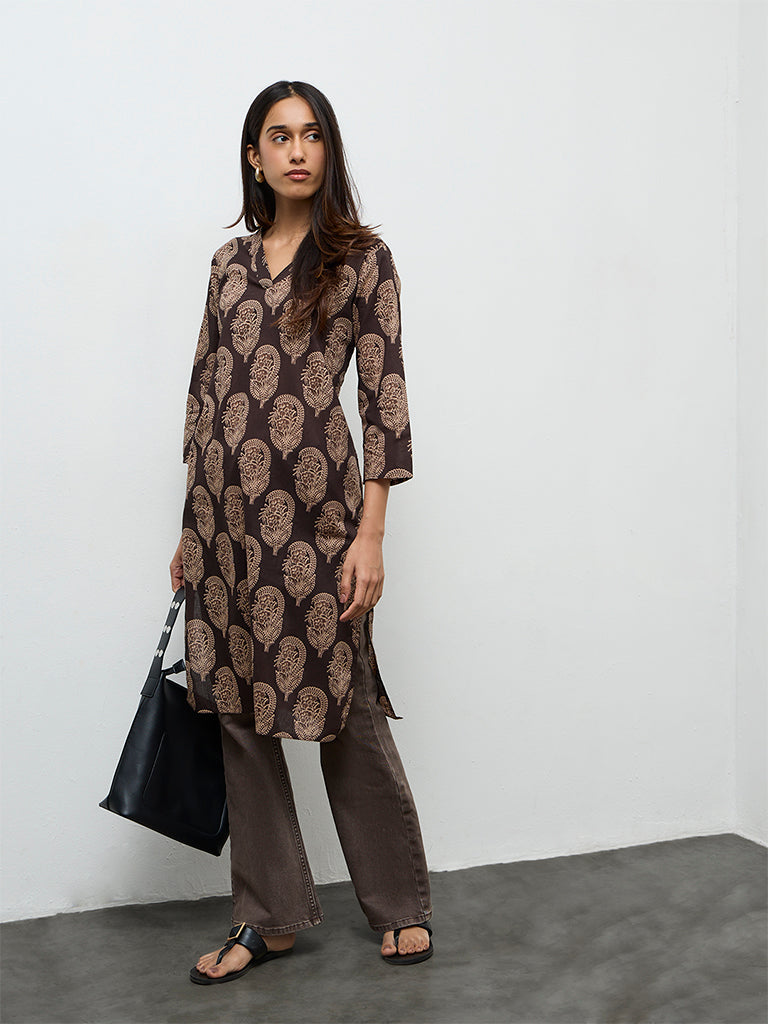 Utsa Dark Brown Paisley Printed Cotton Straight Kurta