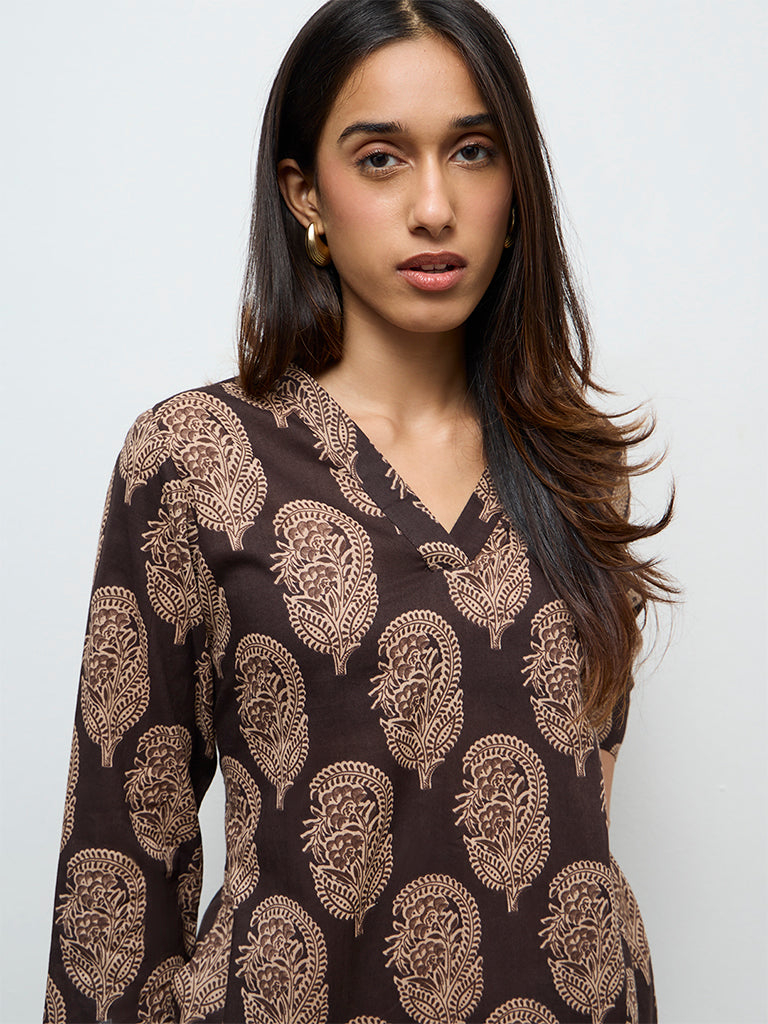 Utsa Dark Brown Paisley Printed Cotton Straight Kurta