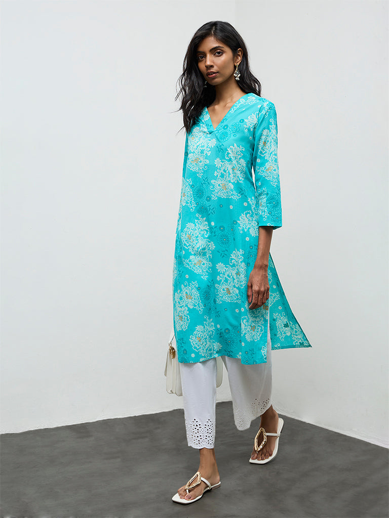 Utsa Aqua Floral Pattern Straight Cotton Kurta