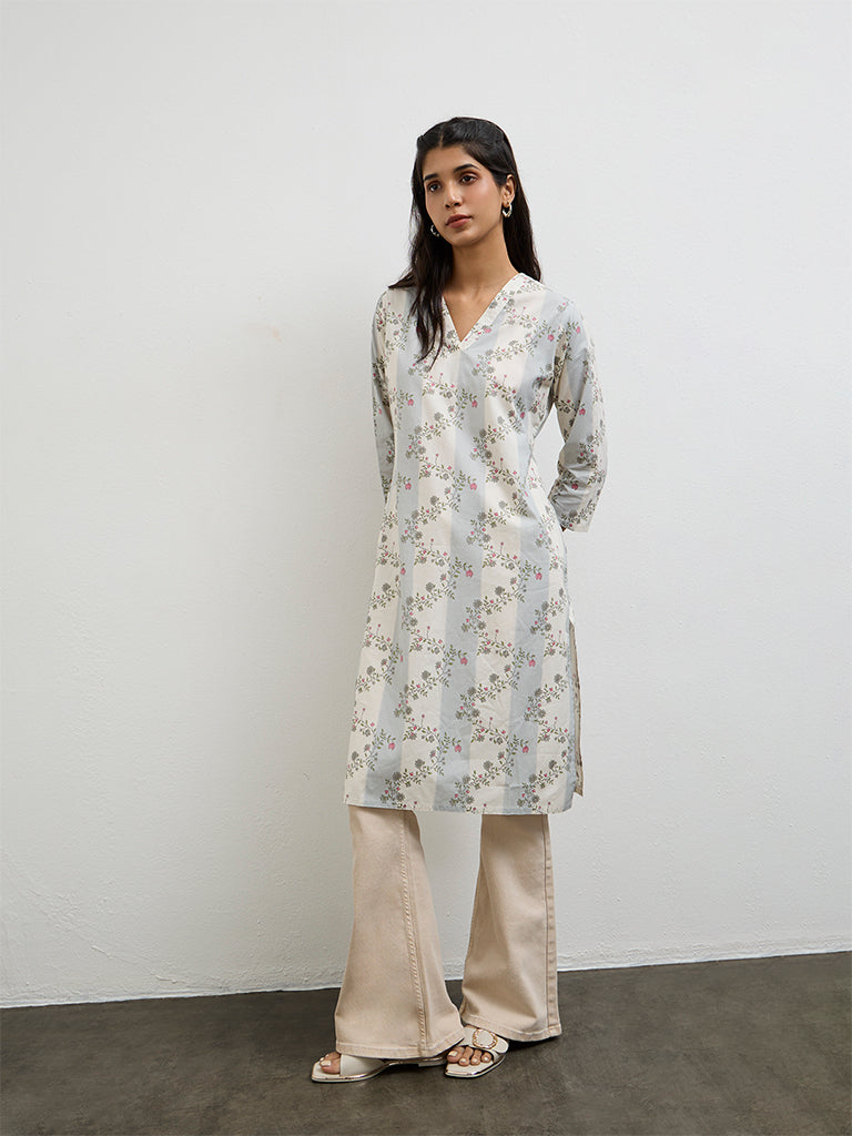 Utsa Grey Floral Printed Cotton Straight Kurta