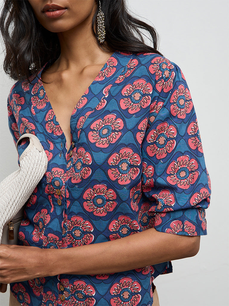 Utsa Indigo Floral Printed Cotton Tunic