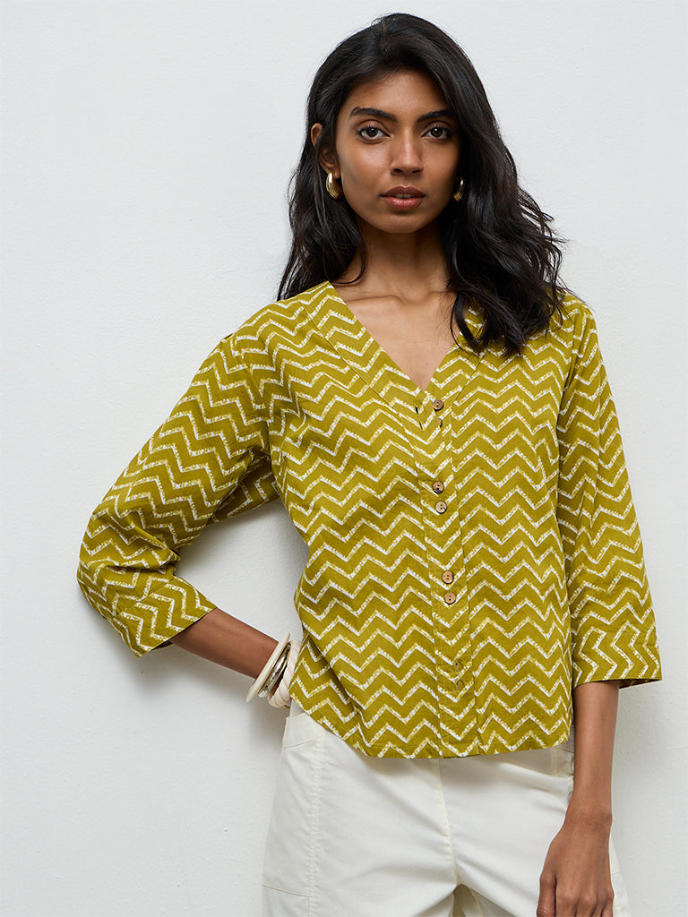 Utsa Olive Chevron Printed Cotton Tunic