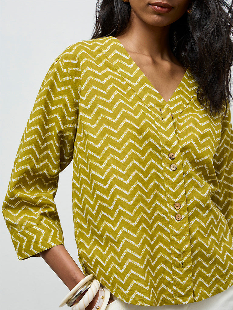 Utsa Olive Chevron Printed Cotton Tunic