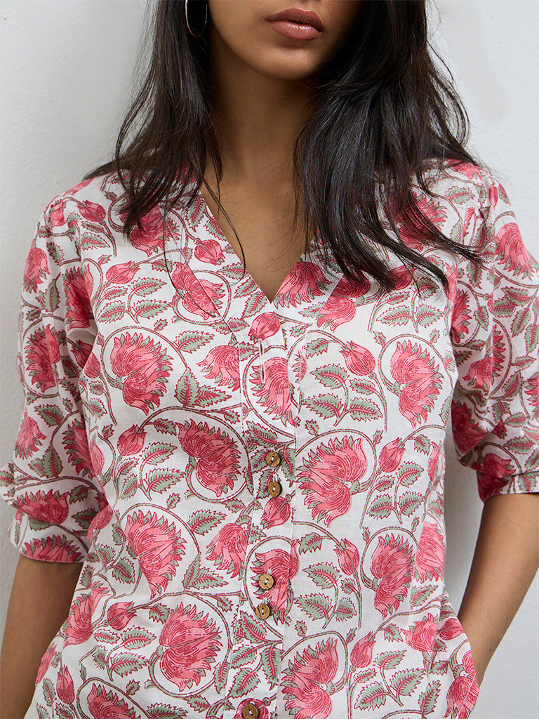 Utsa Pink Floral Printed Cotton Tunic