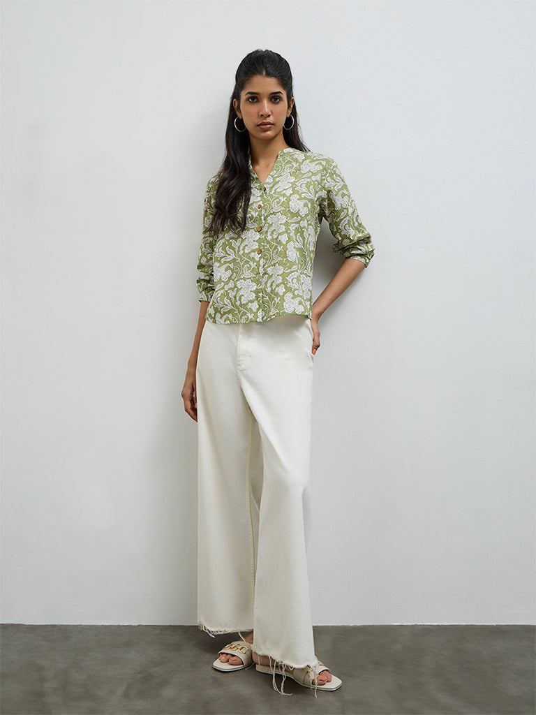 Utsa Sage Floral Pattern Cotton Tunic
