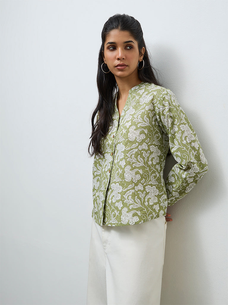 Utsa Sage Floral Pattern Cotton Tunic