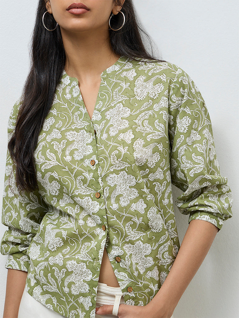 Utsa Sage Floral Pattern Cotton Tunic