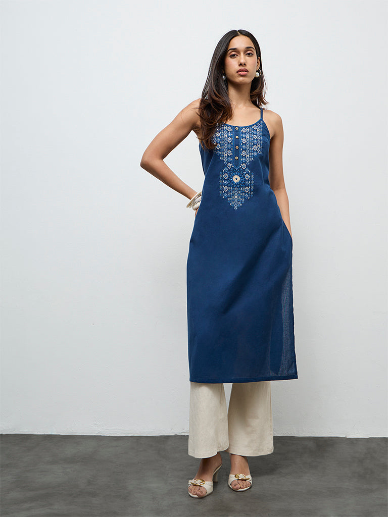 Utsa Indigo Embroidered Cotton Straight Kurta