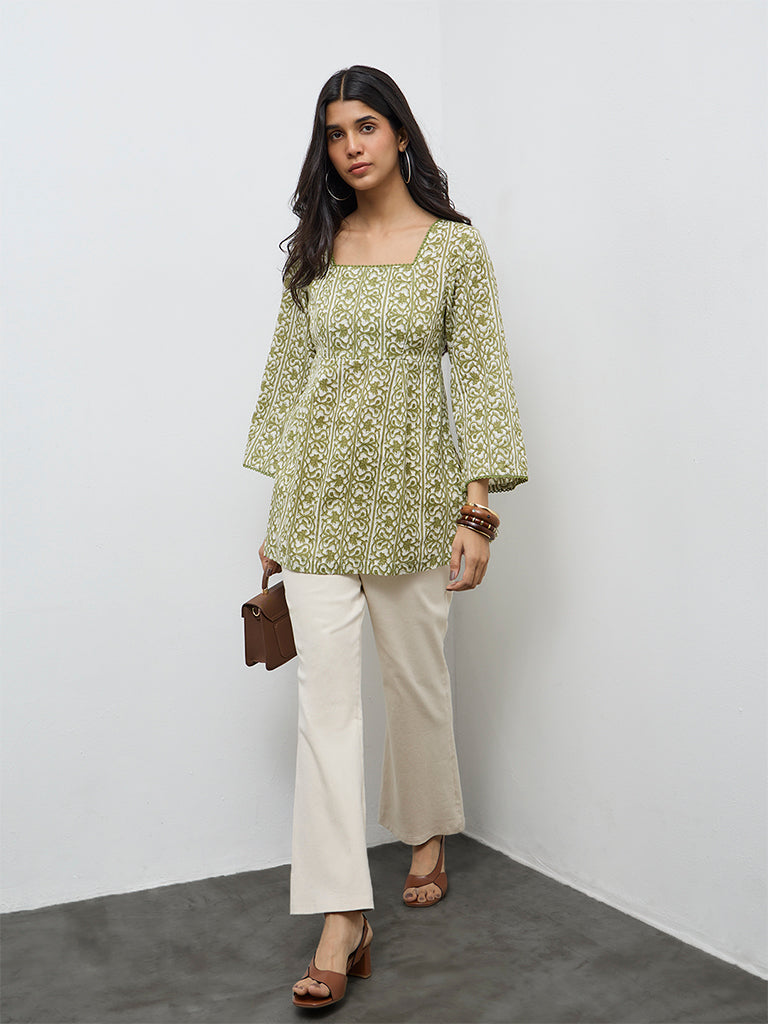 Utsa Green Floral Cotton A-Line Kurta