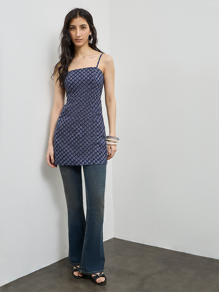 Utsa Indigo Floral Printed Cotton Tunic