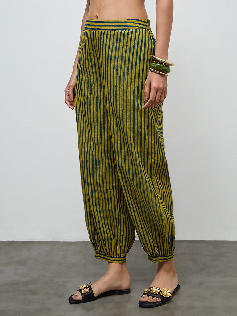 Utsa Olive Striped Cotton Harem Pants