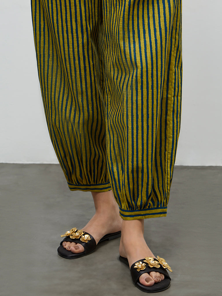 Utsa Olive Striped Cotton Harem Pants