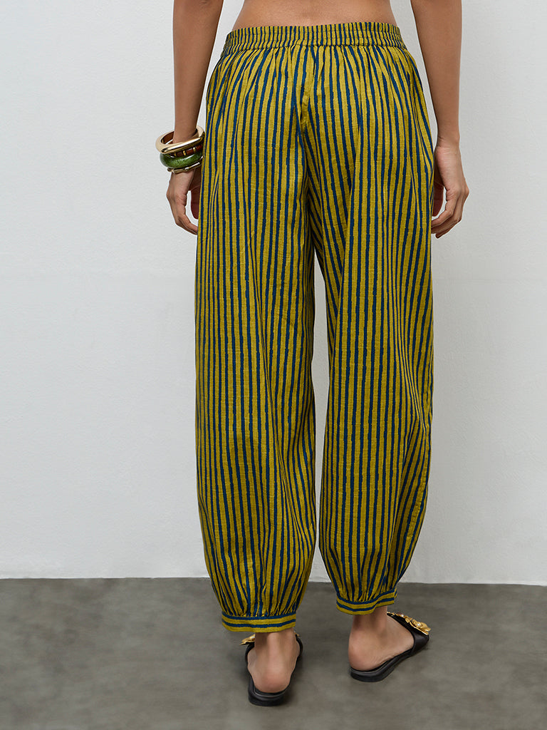 Utsa Olive Striped Cotton Harem Pants