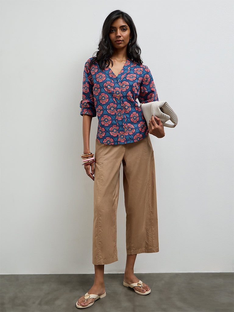 Utsa Beige Solid Cotton Pants
