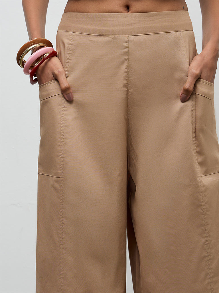 Utsa Beige Solid Cotton Pants