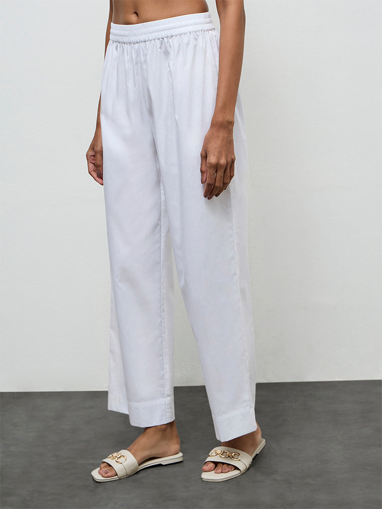 Utsa White Solid Cotton Pants