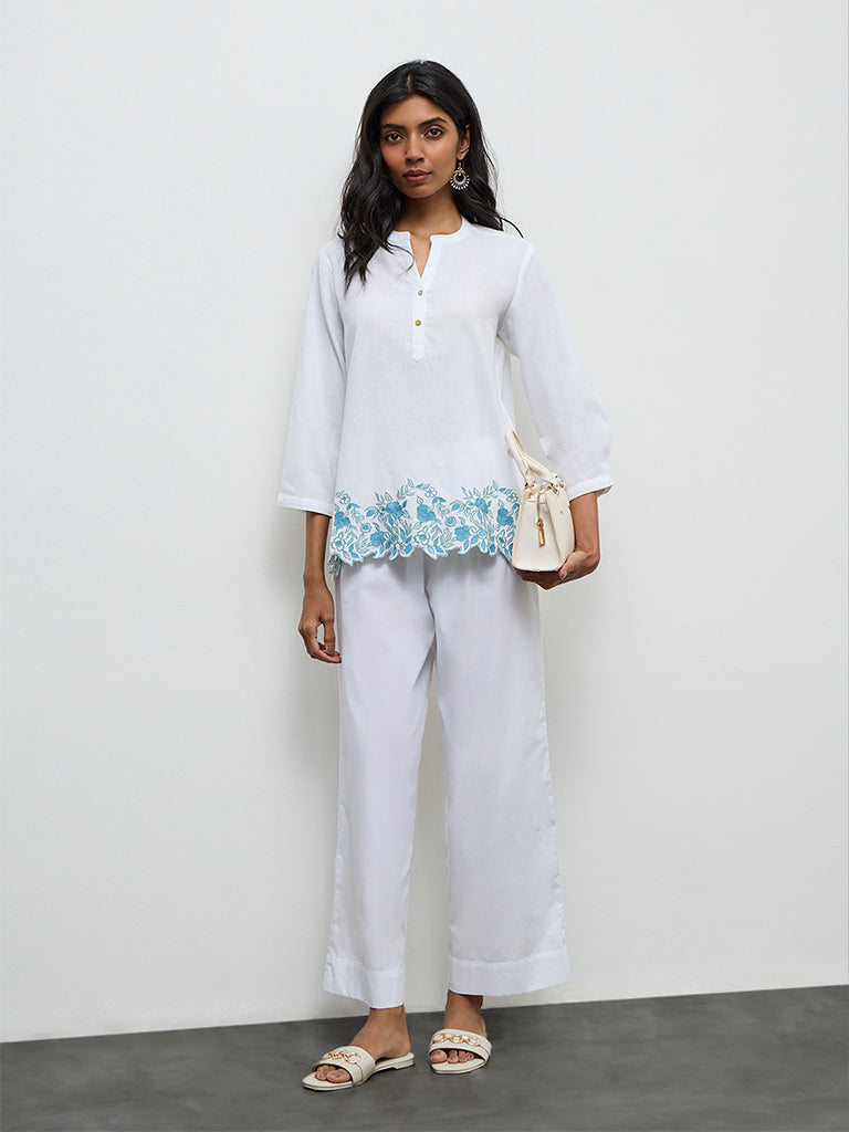 Utsa White Solid Cotton Pants