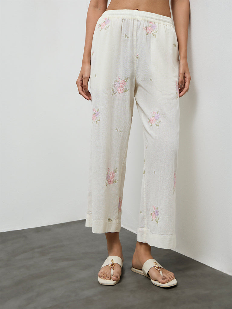Utsa Off-White Embroidered Cotton-Blend Pants