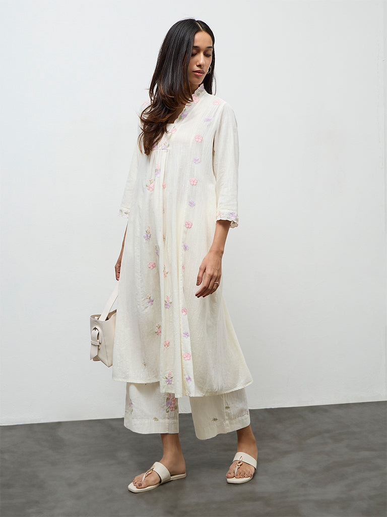 Utsa Off-White Embroidered Cotton-Blend Pants