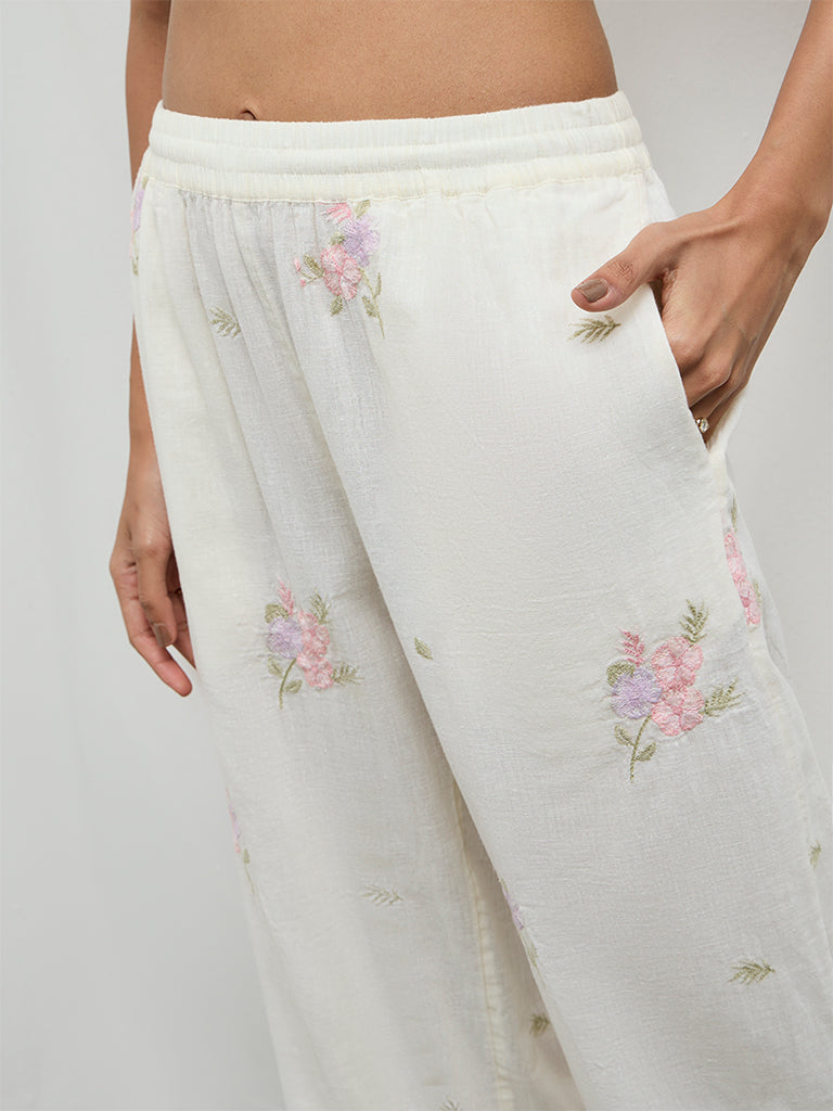 Utsa Off-White Embroidered Cotton-Blend Pants