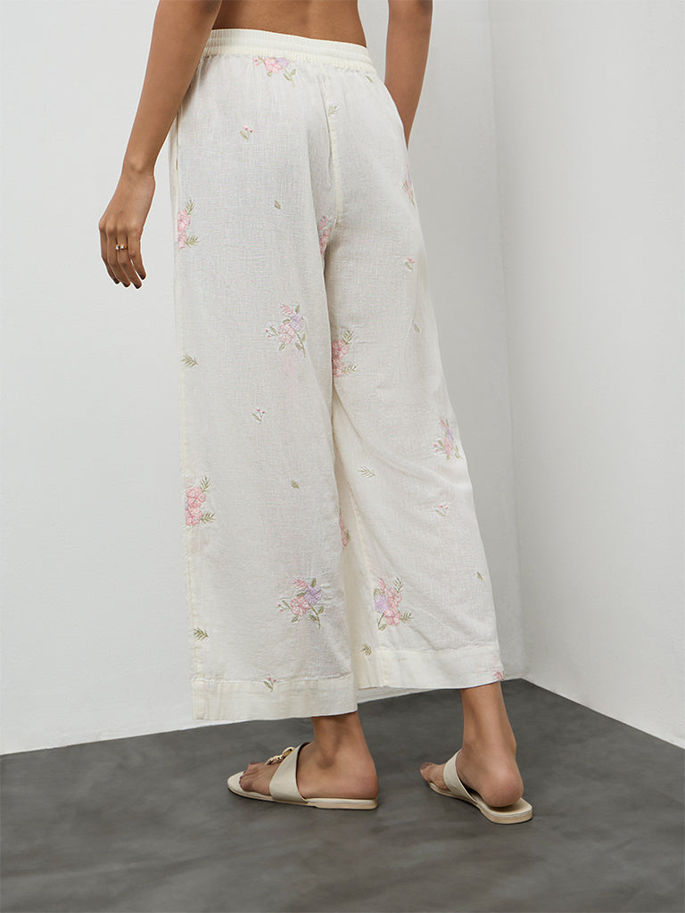 Utsa Off-White Embroidered Cotton-Blend Pants