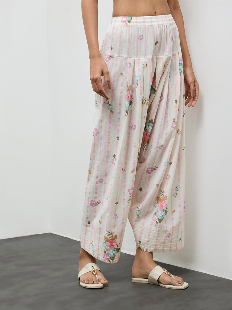 Utsa Off-White Printed Cotton-Blend Pants