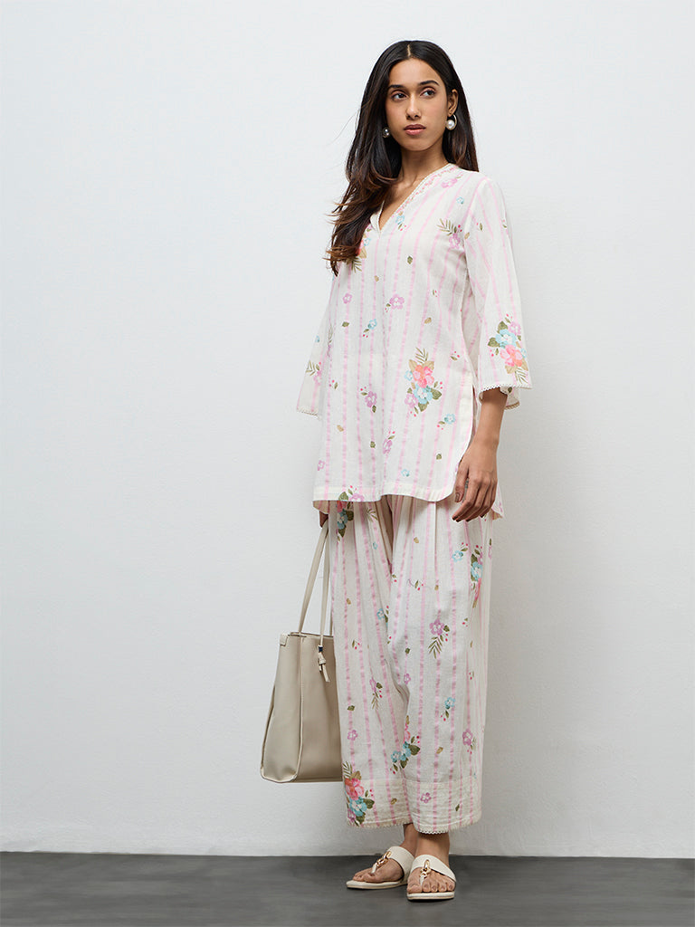Utsa Off-White Printed Cotton-Blend Pants