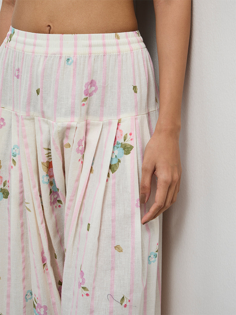 Utsa Off-White Printed Cotton-Blend Pants